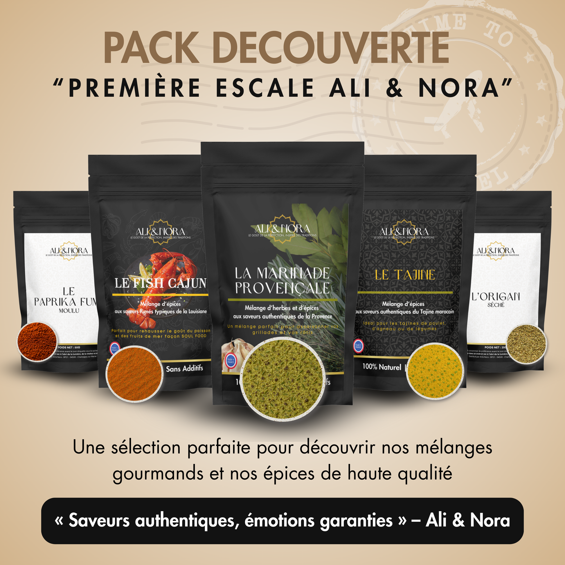 Découvrez l'univers d'Ali & Nora grâce à cette sélection de 3 mélanges d'épices authentiques et 2 épices de qualité premium