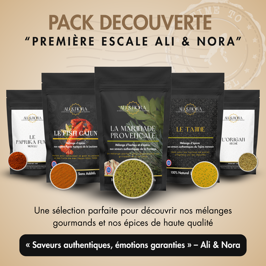 Découvrez l'univers d'Ali & Nora grâce à cette sélection de 3 mélanges d'épices authentiques et 2 épices de qualité premium